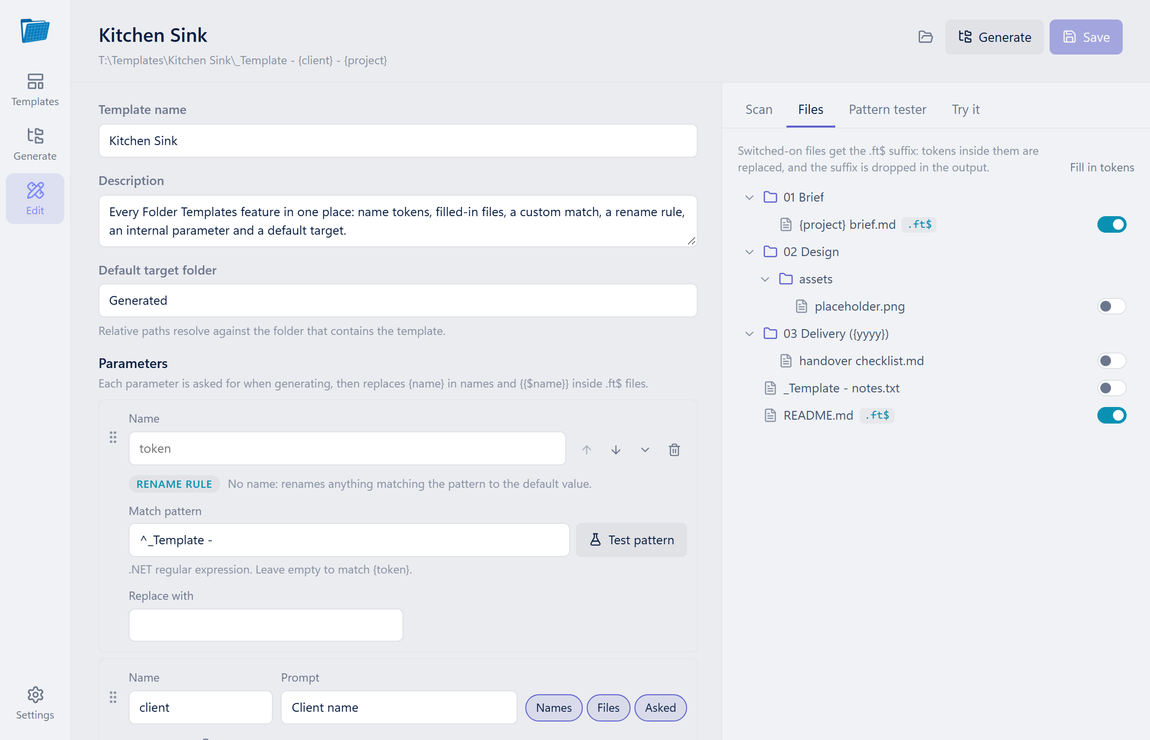 The editor's Files panel in the light theme, with a switch per file for filling in tokens.