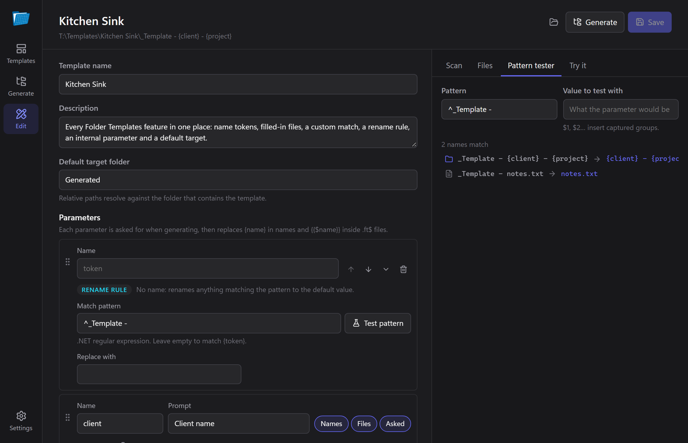 The pattern tester showing which names a rename rule changes.