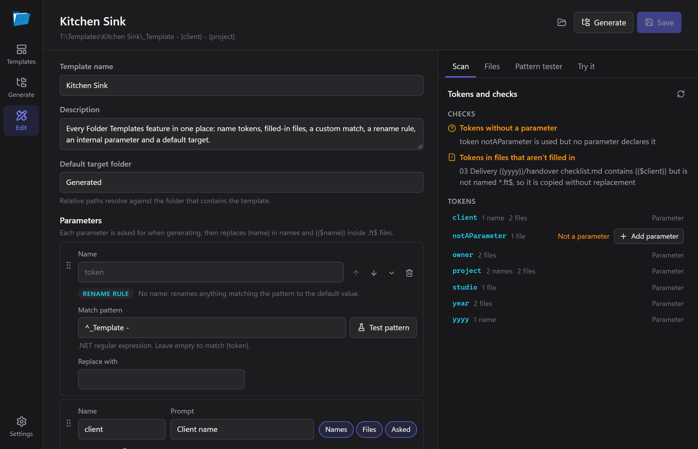 The template editor with the Scan panel listing tokens and two authoring warnings.