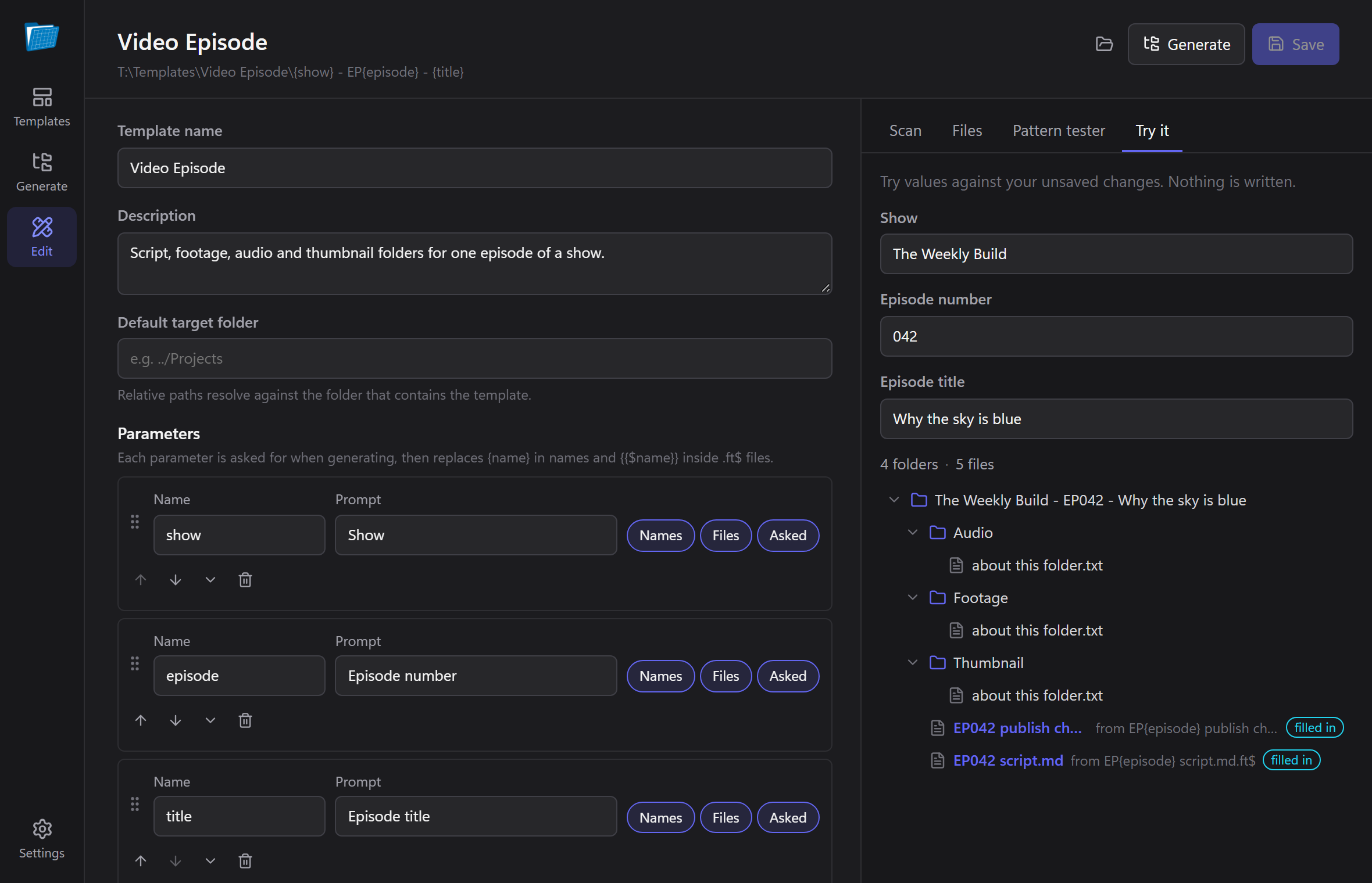 The editor's Try it panel previewing a template with sample answers.