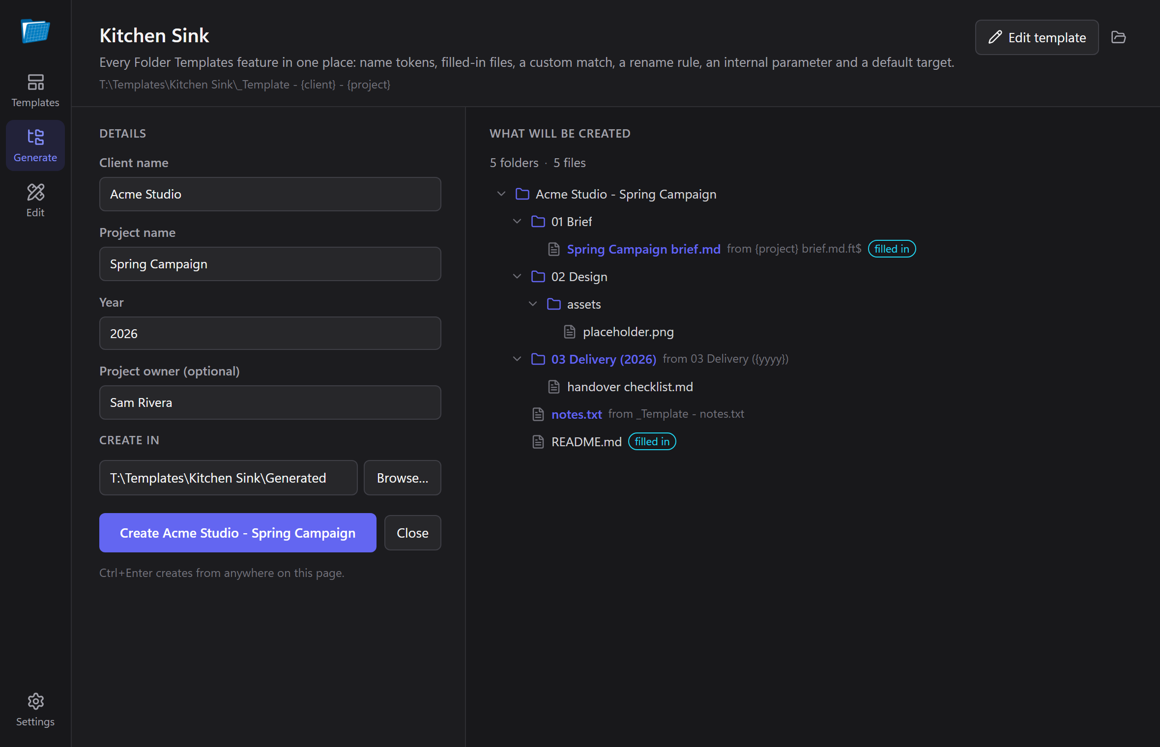 Generating from a template: answers on the left, a live preview of the folders and files it will create on the right.