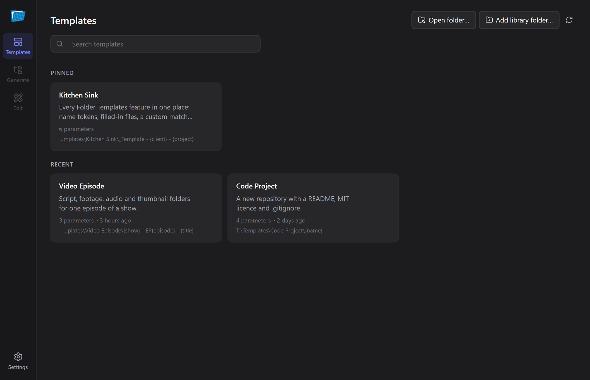 The template library with pinned and recent templates.