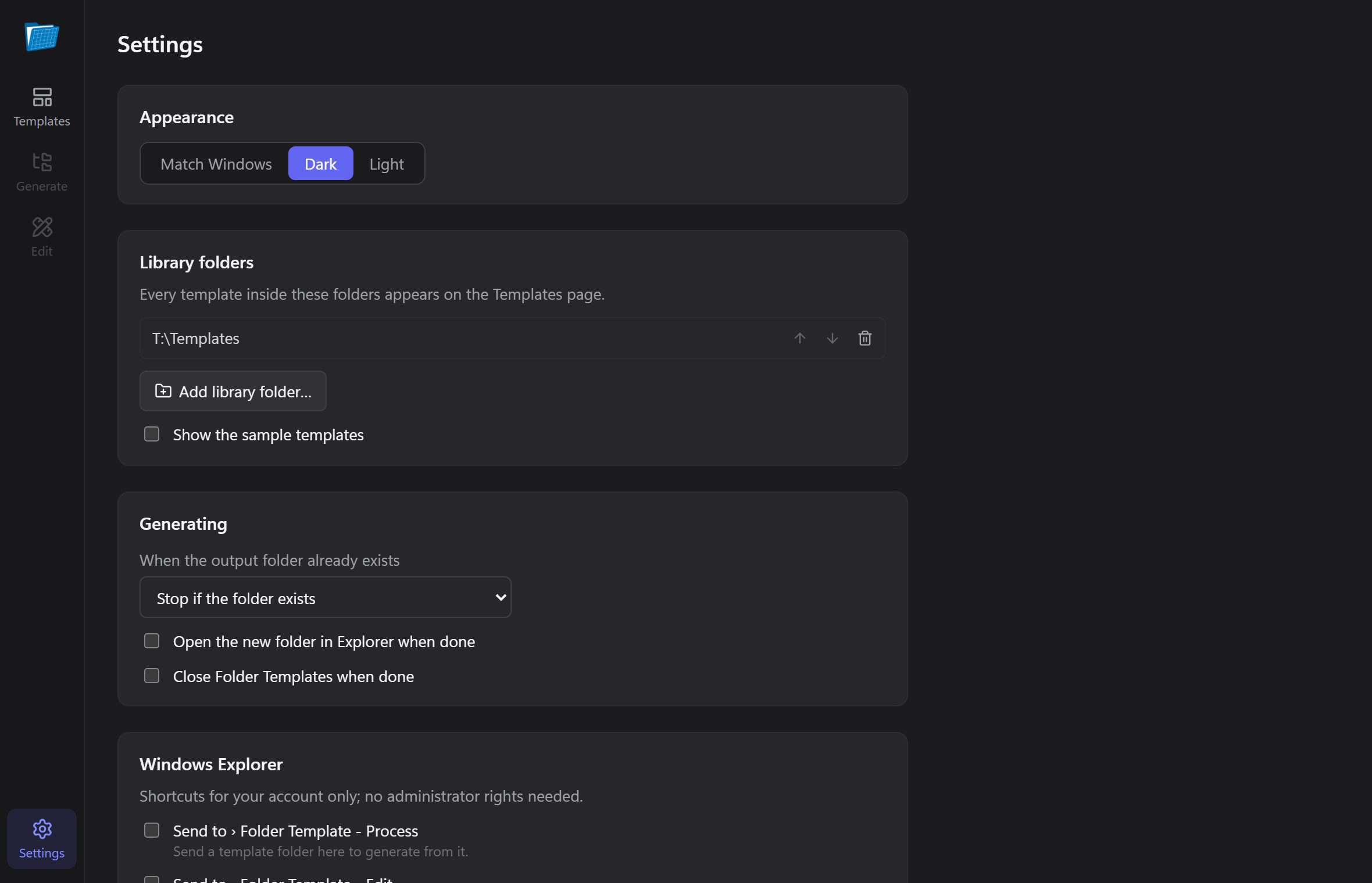 Settings: theme, library folders and generating options.